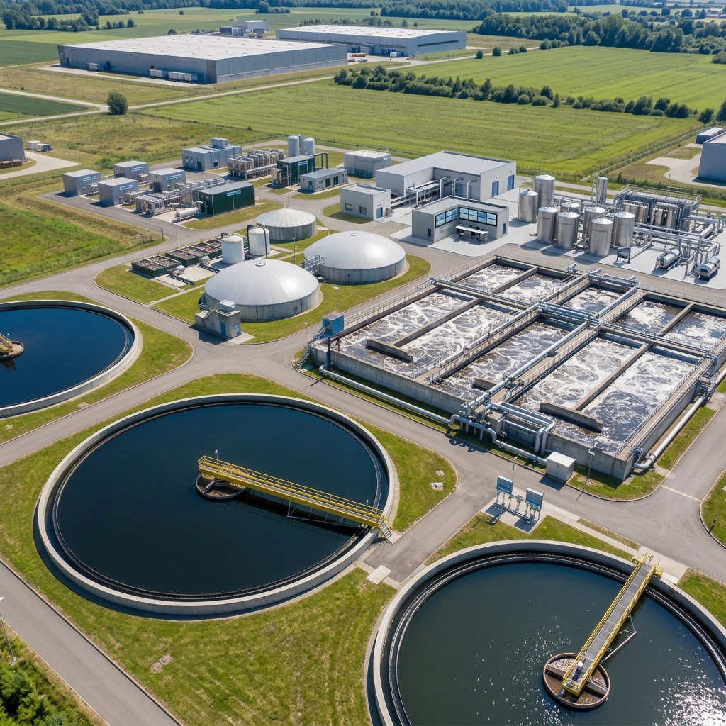 Aerial view of a treatment works with clarifiers, aeration lanes and process buildings