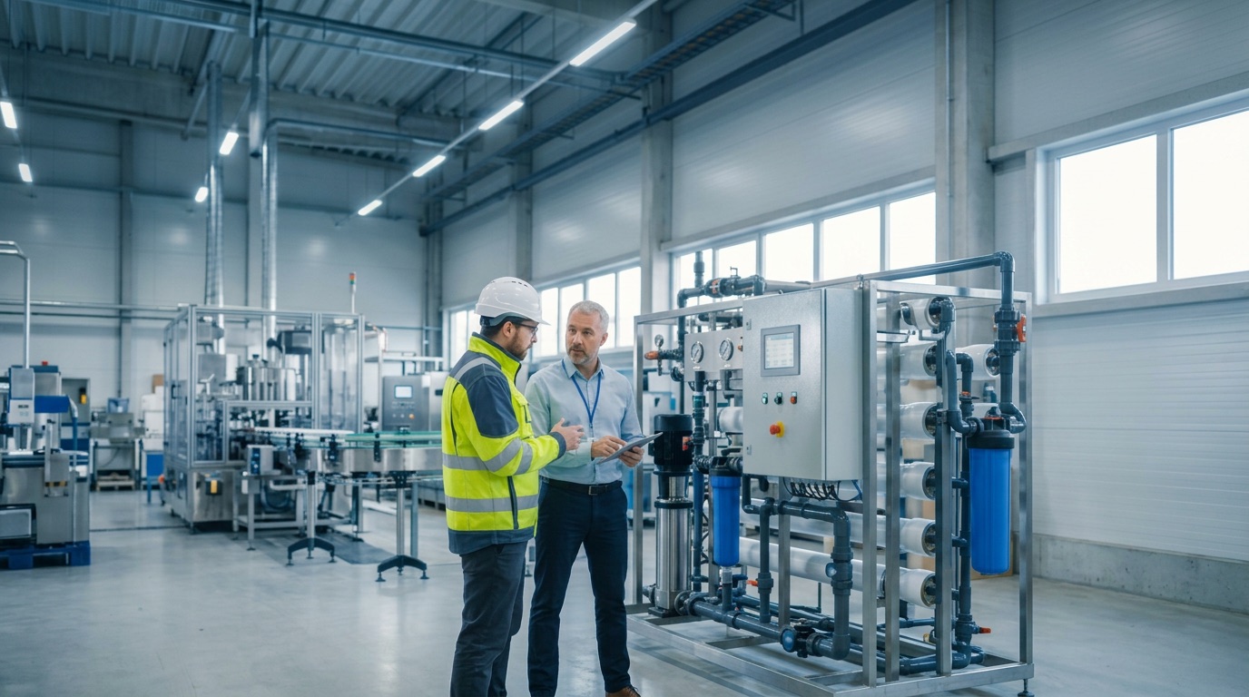 Engineer and plant manager reviewing a treatment skid on a production floor